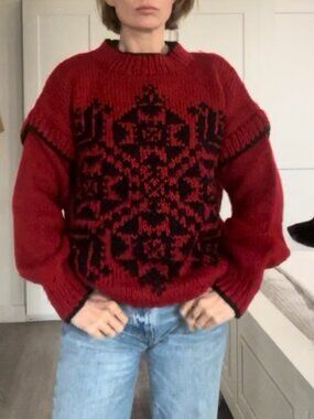 Handmade Red Black Chunky Knit Sweater Nordic Fair Isle Geometric Pullover